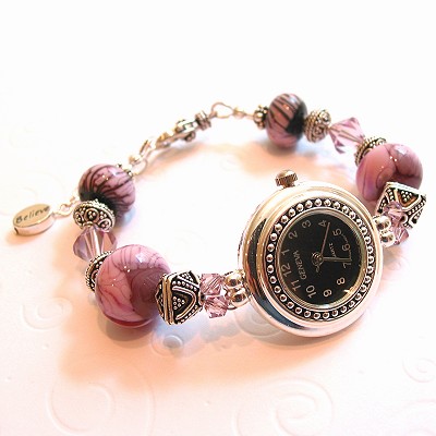 Lampwork Bead, Crystal and Silver Watch