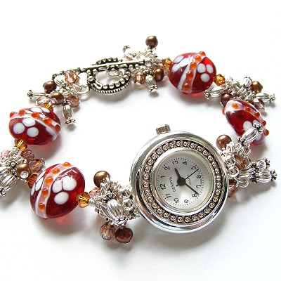 Lampwork Bead, Crystal and Silver Watch