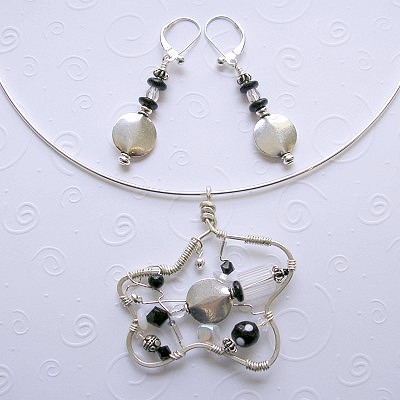 Black, White & Silver Freeform Pendant & Earrings